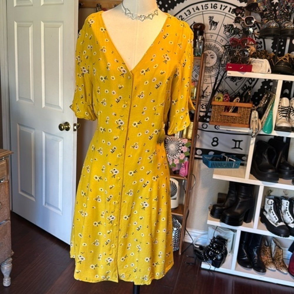 Abound dress bright bold yellow w light microfloral print button front w tie bk
